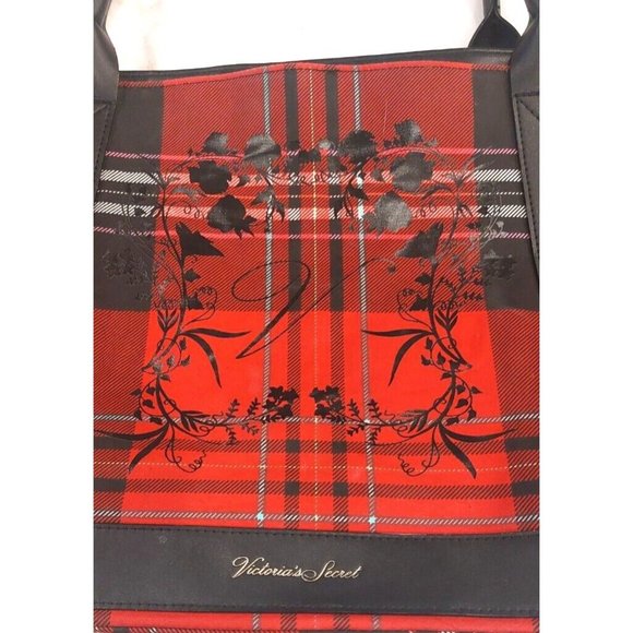 Victoria Secret Tote Bag Plaid Holiday Red Black Logo Everyday Casual 19x12x6 - Picture 5 of 9
